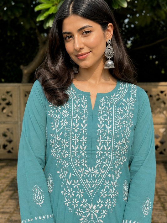 Aqua Chikankari Cotton Long Kurta Adab e Libas