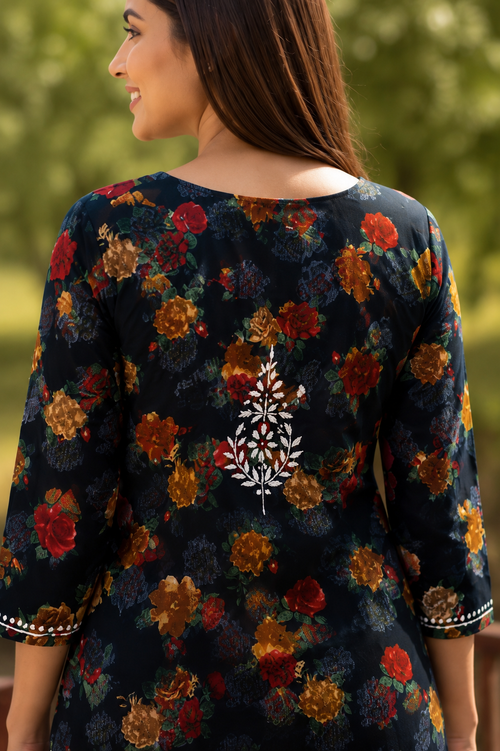Black Floral Mal Printed Cotton Long Kurta Adab e Libas