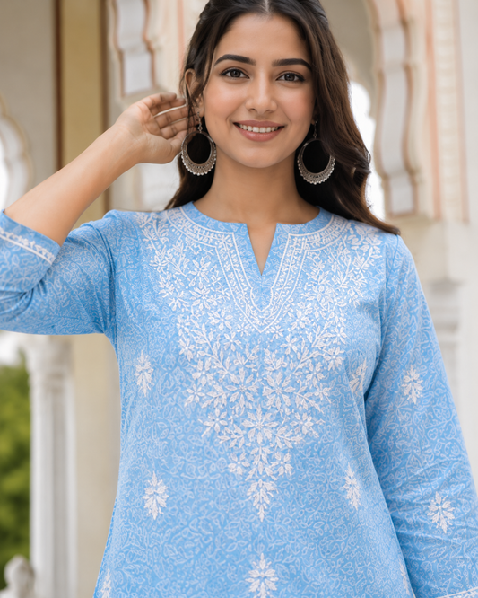 Brasso Chikankari Short Kurta - Sky Blue Adab e Libas
