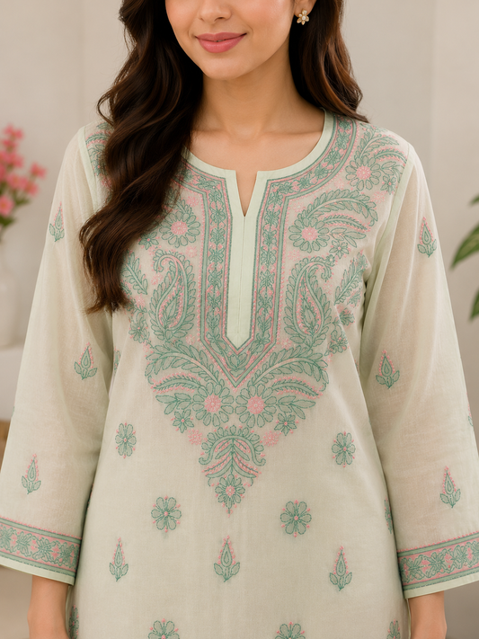Cotton Chikankari Long Kurti – Multi Color