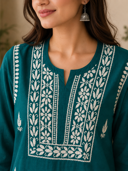 Cotton Chikankari Short Kurti – Dark Green