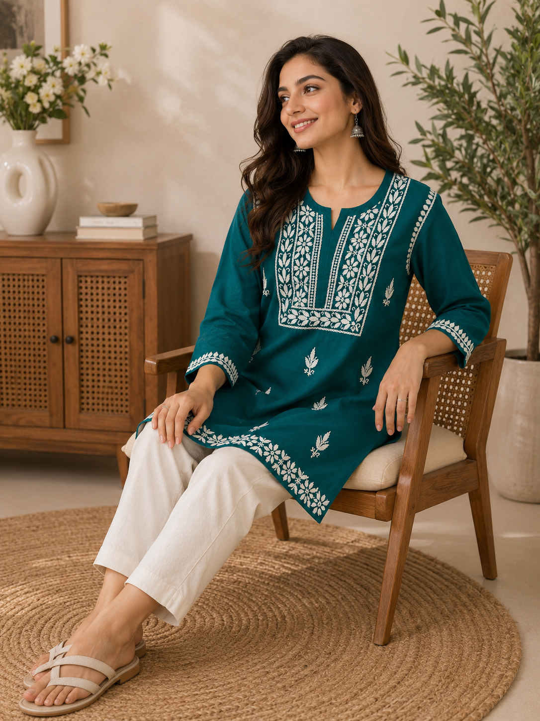 Cotton Chikankari Short Kurti – Dark Green