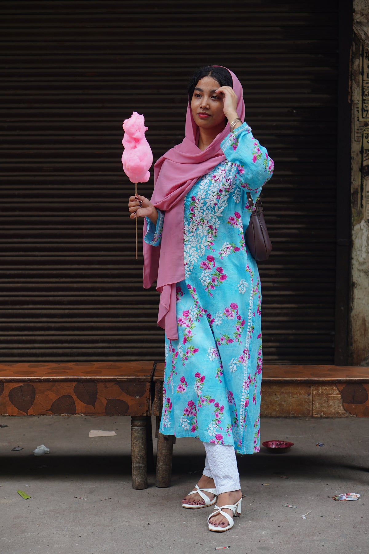 Sky Blue Floral Mal Printed Cotton Long Kurta Adab e Libas