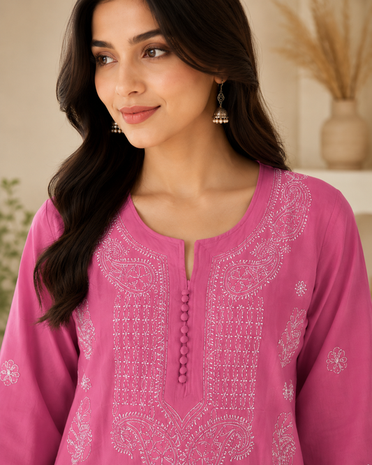 Cotton Chikankari Short Kurti – Pink