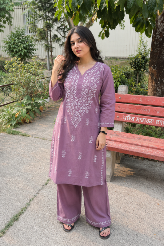 Mauve Chikankari Cotton Long Kurta Adab e Libas