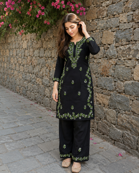 Cotton Chikankari Kurta Set – Green Adab e Libas