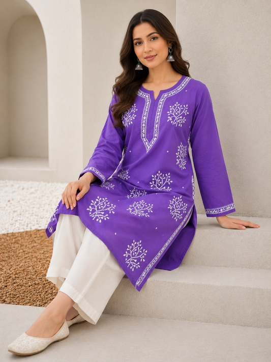Cotton Heavy Boota Chikankari Long Kurta – Purple Adab e Libas