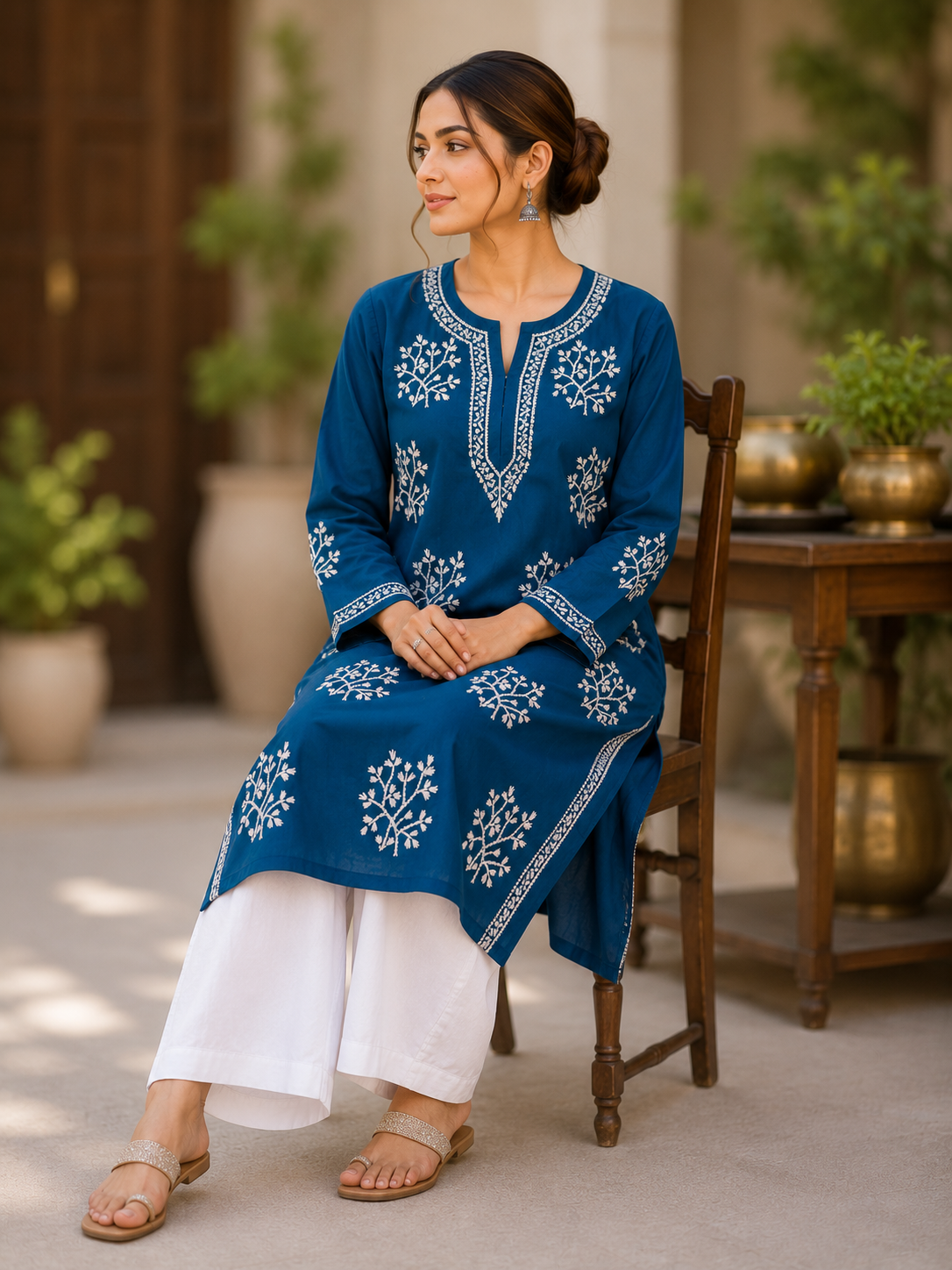 Cotton Heavy Boota Chikankari Long Kurta – Blue Adab e Libas