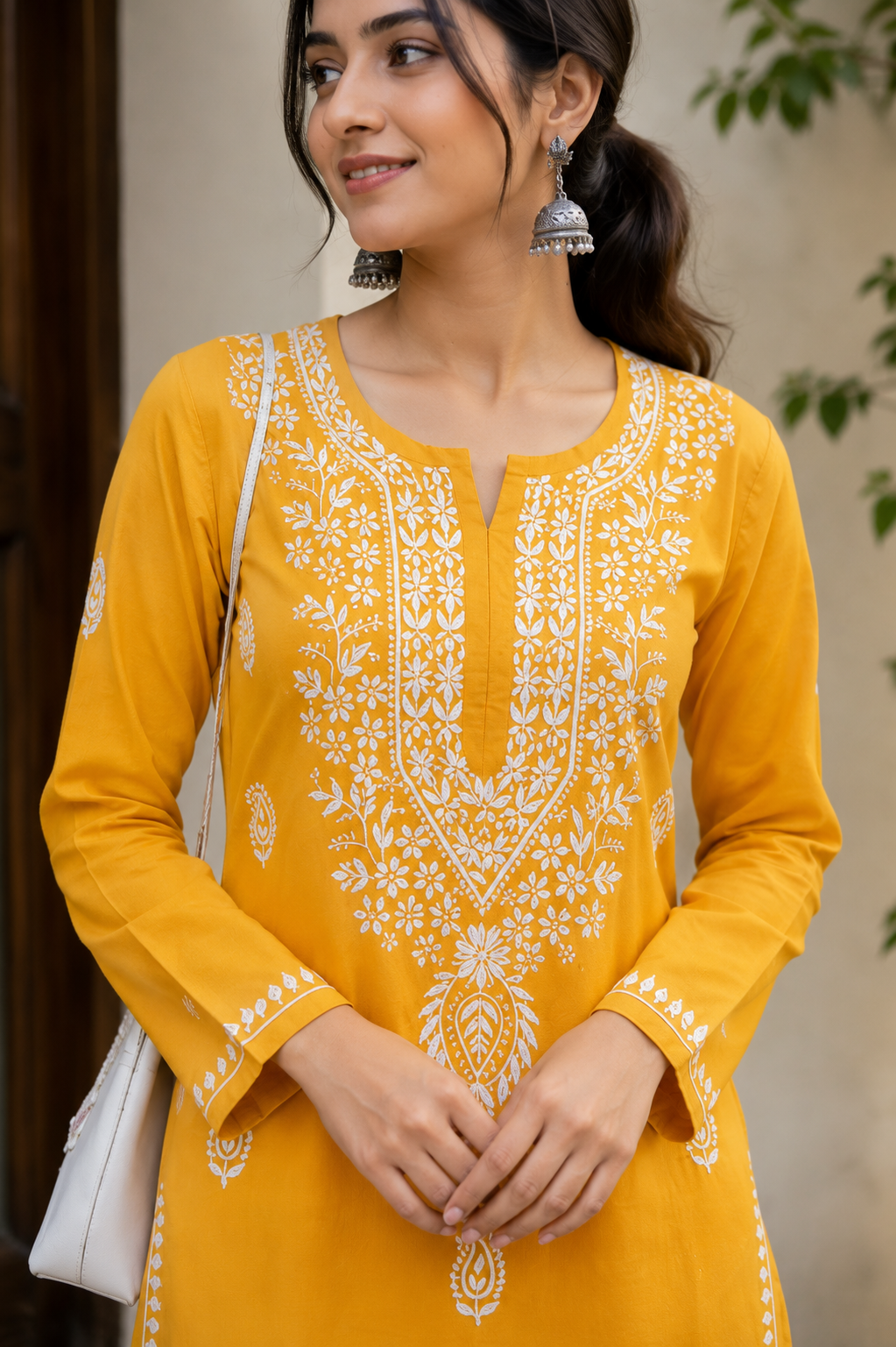 Mustard Chikankari Cotton Long Kurta Adab e Libas
