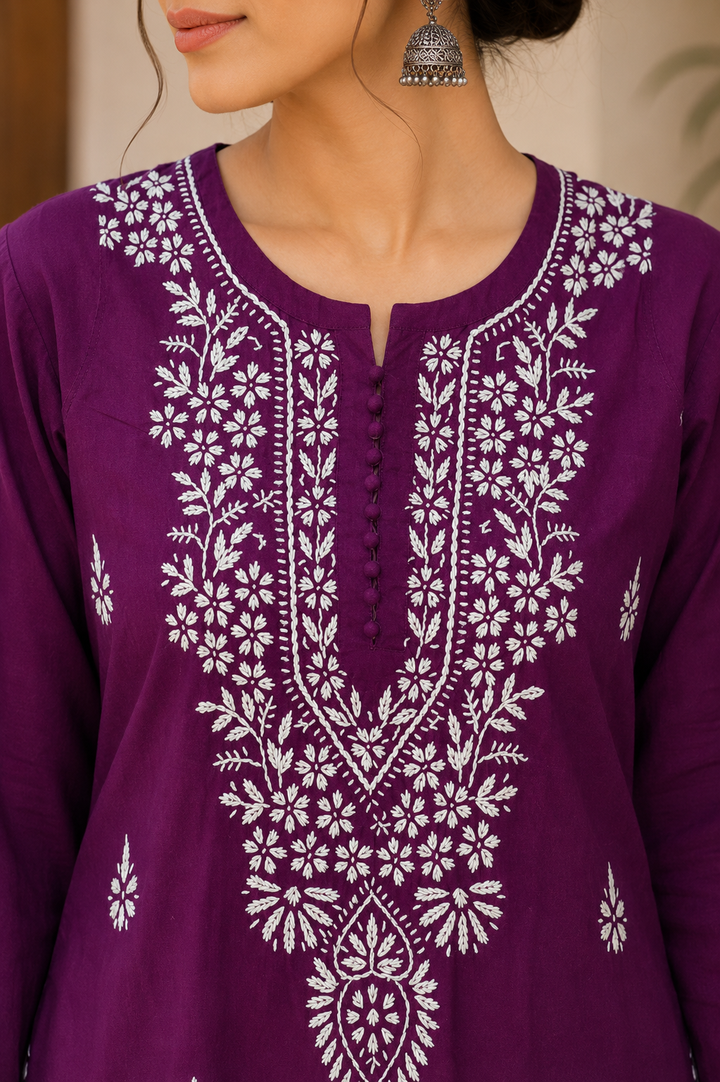 Wine Chikankari Cotton Long Kurta Adab e Libas