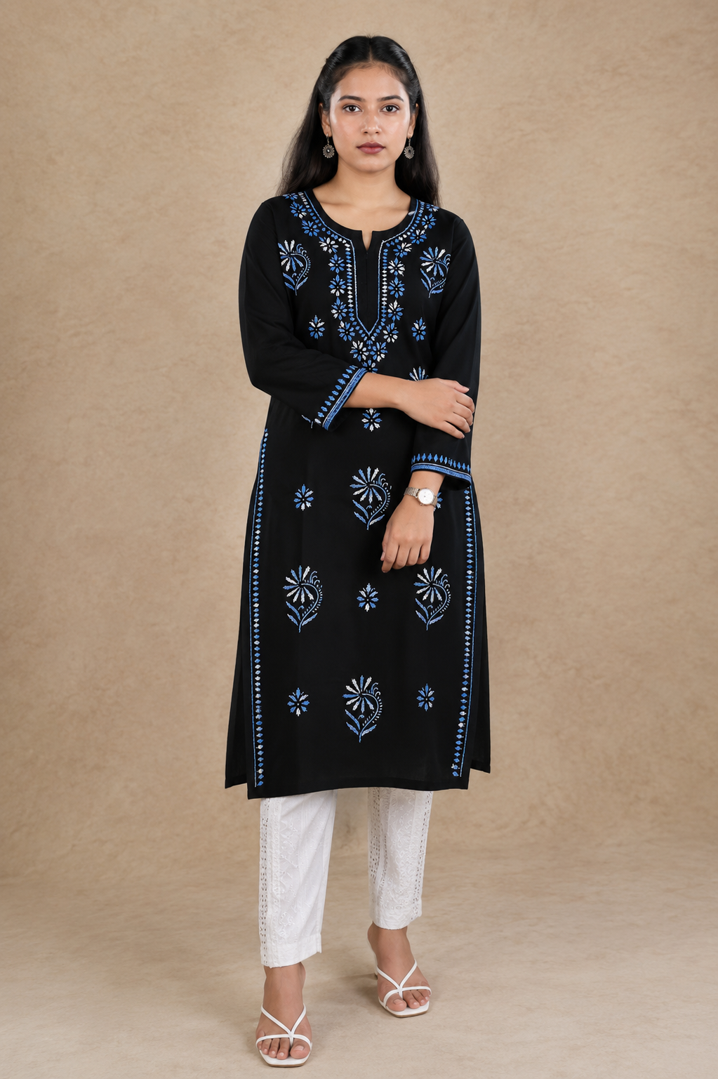 Rayon Chikankari Long Kurta - Blue Adab e Libas