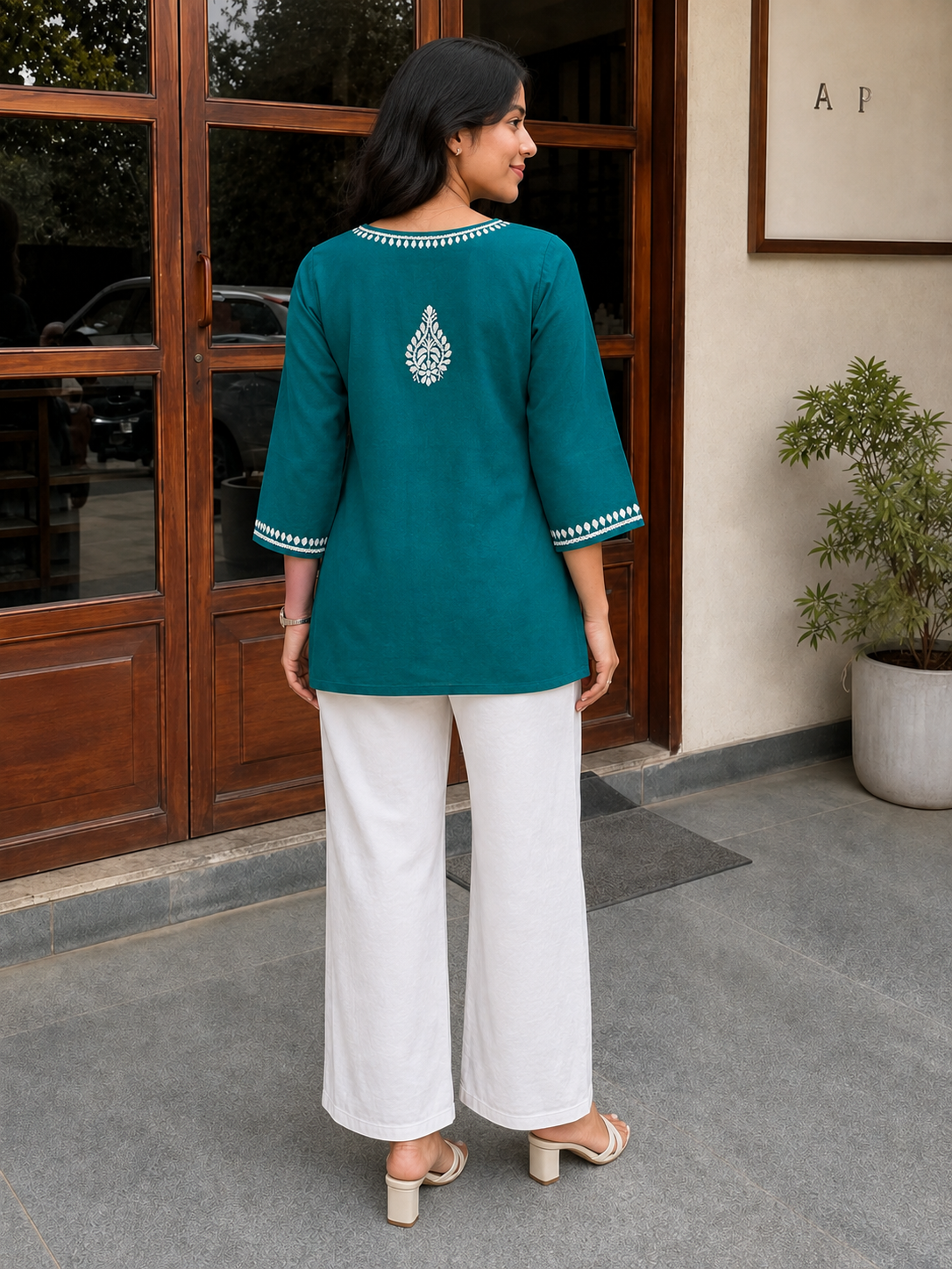 COTTON CHIKANKARI SHORT KURTA - TEAL Adab e Libas