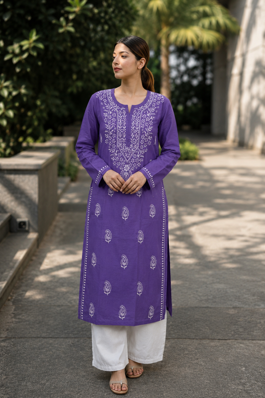 Purple Chikankari Cotton Long Kurta Adab e Libas