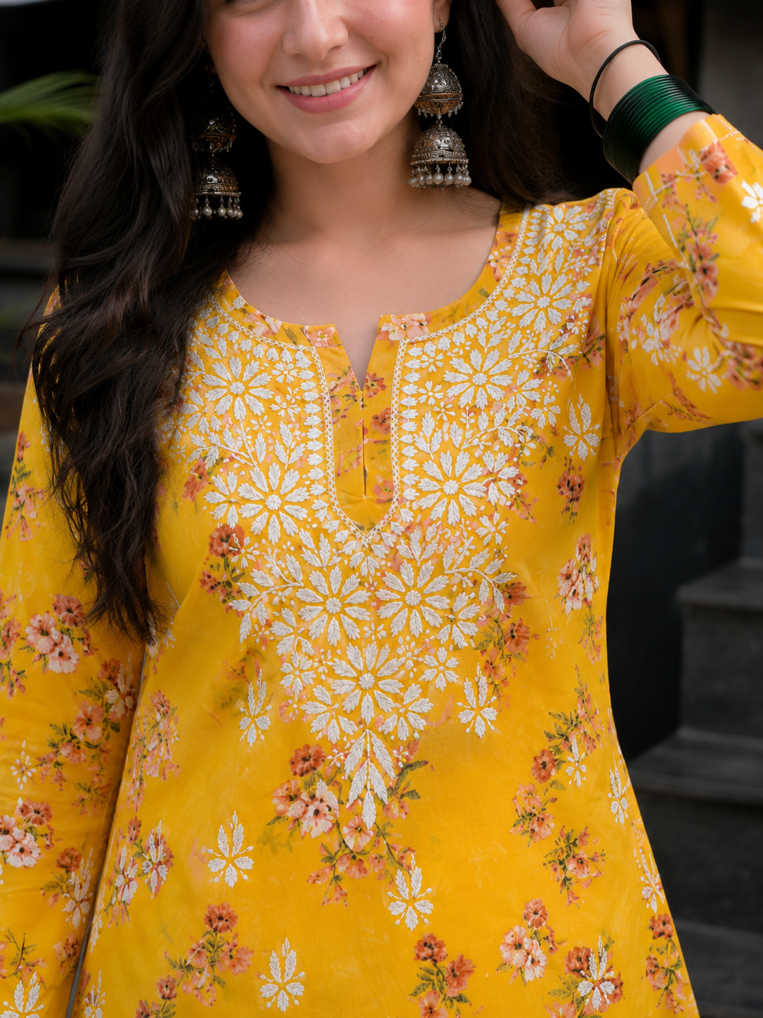 Yellow Floral Mal Printed Cotton Short Kurta Adab e Libas