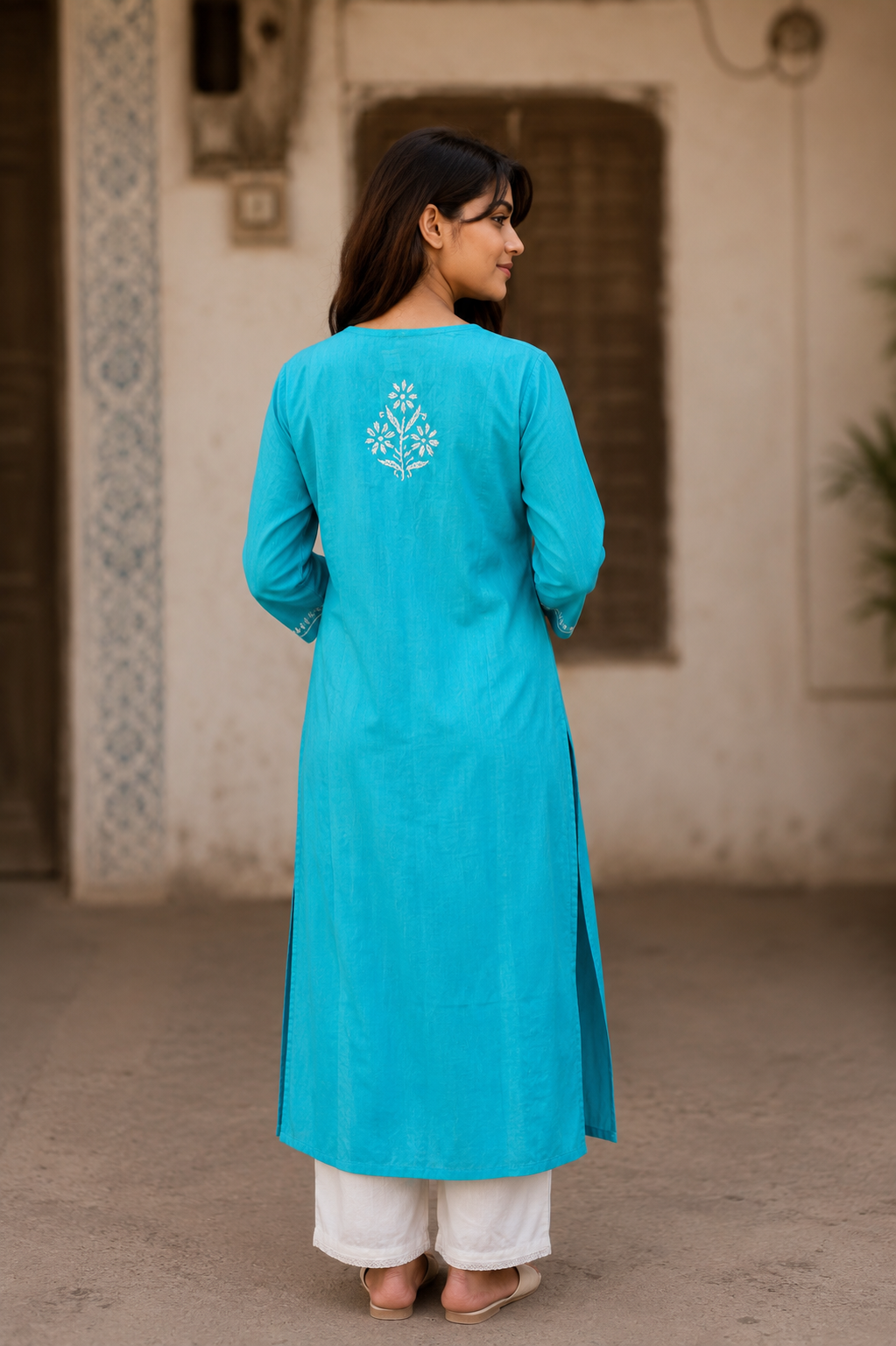 Turquoise Chikankari Cotton Long Kurta Adab e Libas