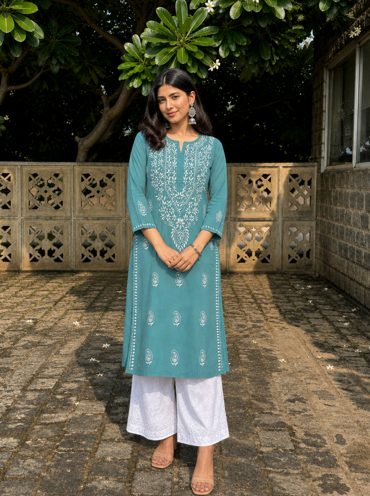 Aqua Chikankari Cotton Long Kurta Adab e Libas