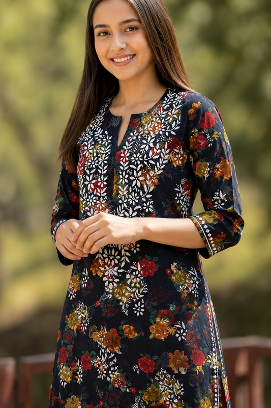 Black Floral Mal Printed Cotton Long Kurta Adab e Libas