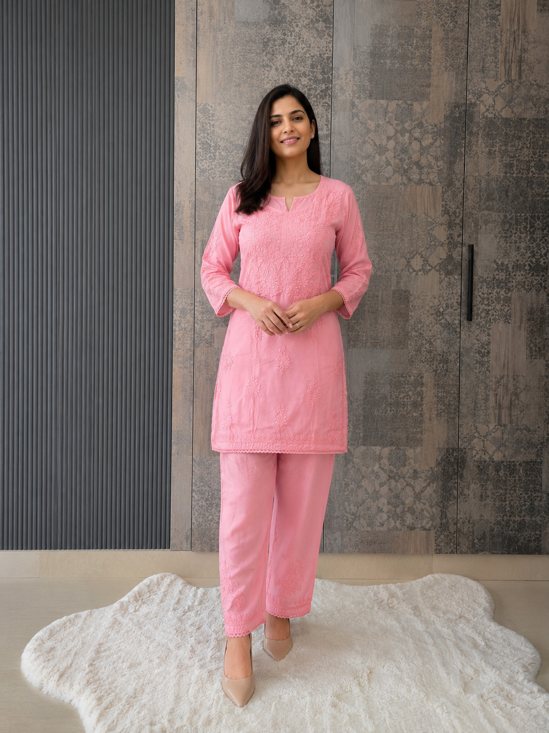 Blush Pink Chikankari Muslin Co-ord Set Adab e Libas