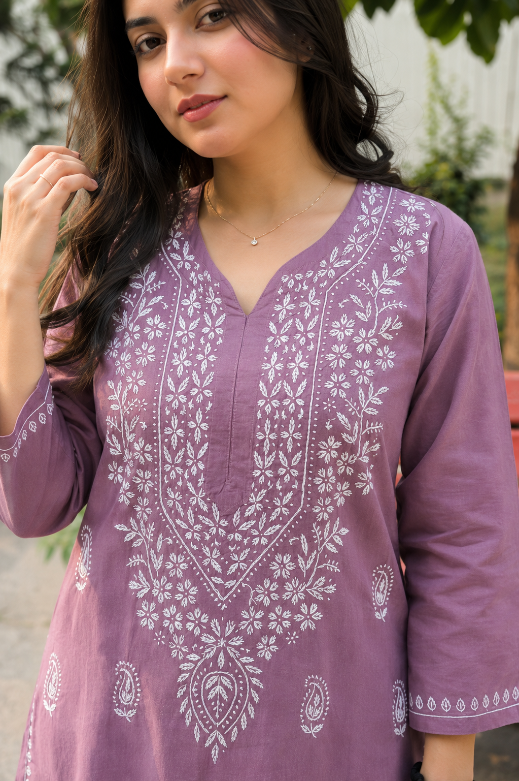 Mauve Chikankari Cotton Long Kurta Adab e Libas