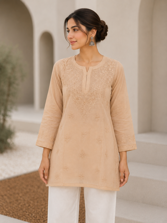 Peach Chikankari Muslin Short Kurta Adab e Libas
