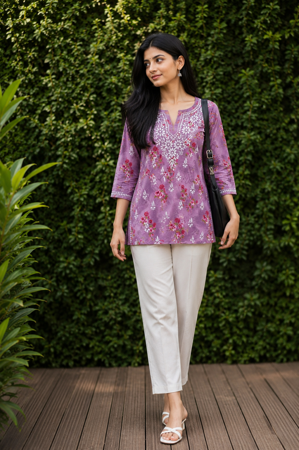 Lilac Floral Mal Printed Cotton Short Kurta Adab e Libas