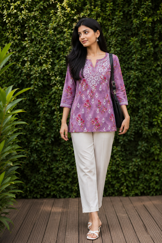Lilac Floral Mal Printed Cotton Short Kurta Adab e Libas