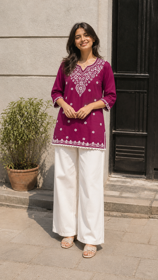 COTTON CHIKANKARI SHORT KURTA - WINE Adab e Libas