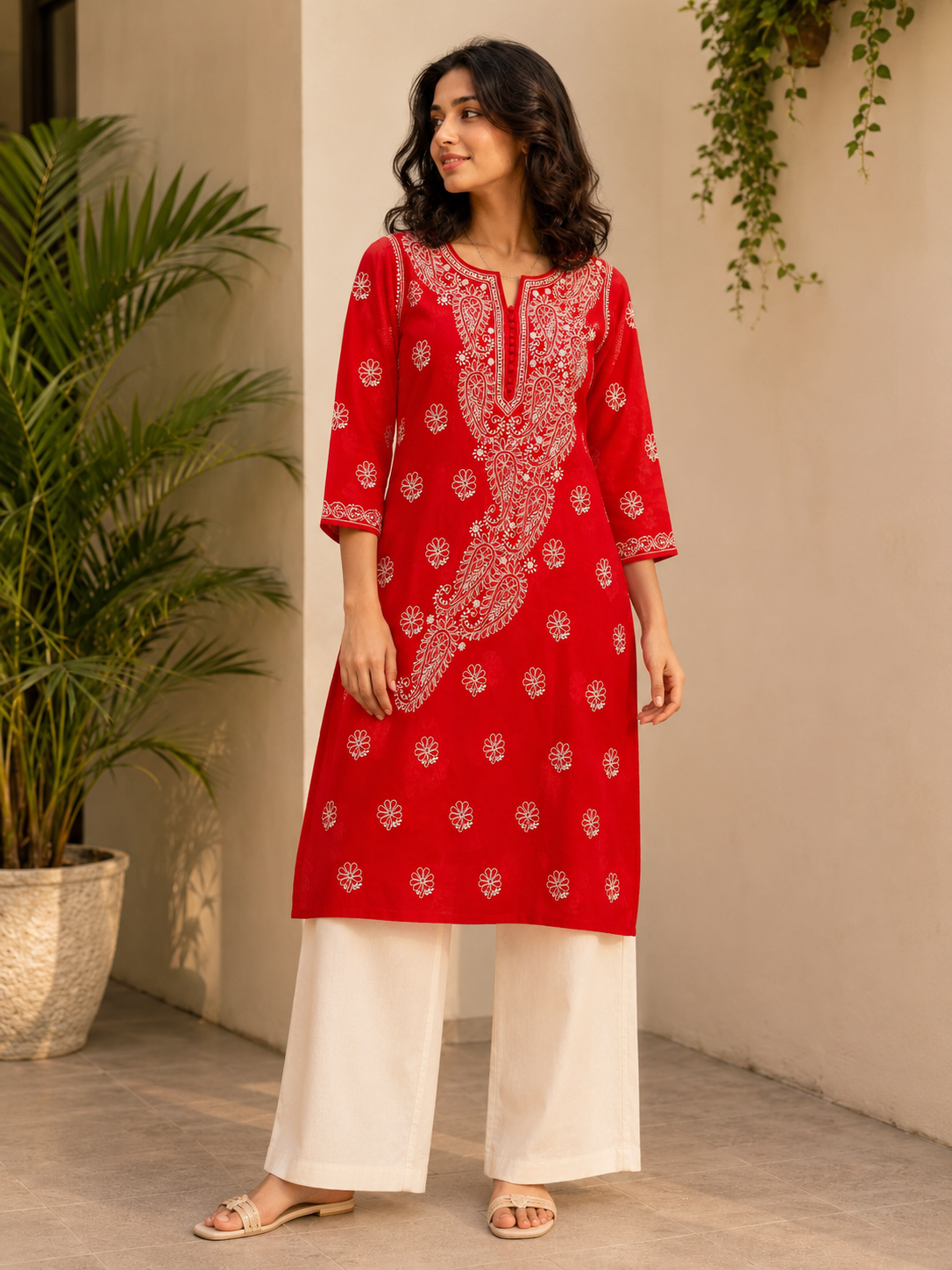 COTTON CHIKANKARI KURTA - RED Adab e Libas