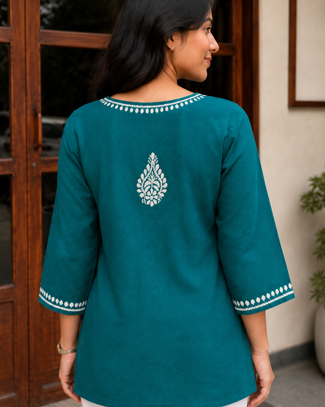 COTTON CHIKANKARI SHORT KURTA - TEAL Adab e Libas