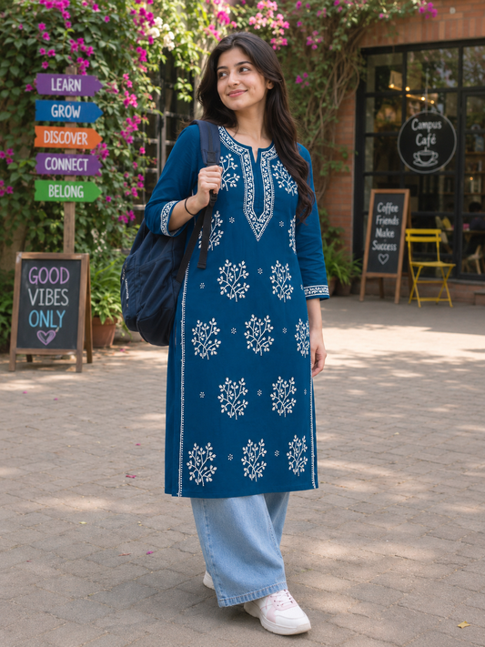 Cotton Heavy Boota Chikankari Long Kurta – Teal Blue Adab e Libas