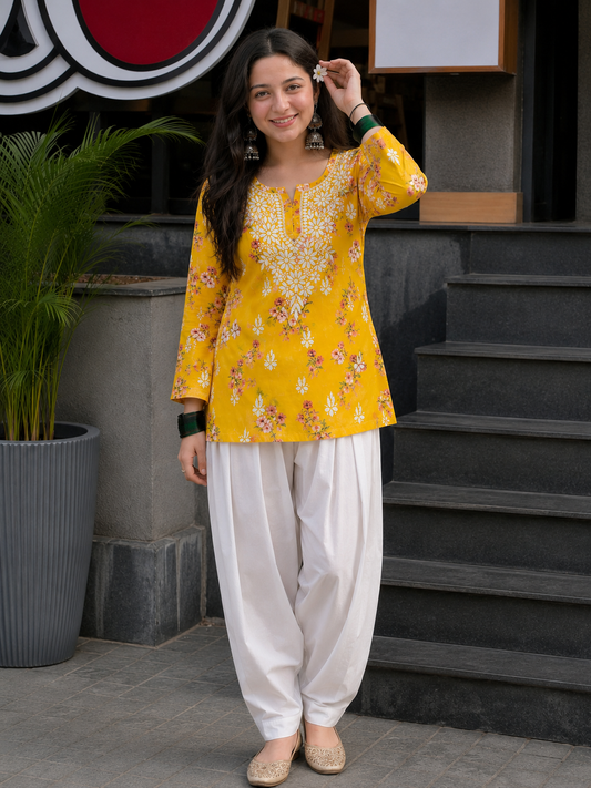 Yellow Floral Mal Printed Cotton Short Kurta Adab e Libas