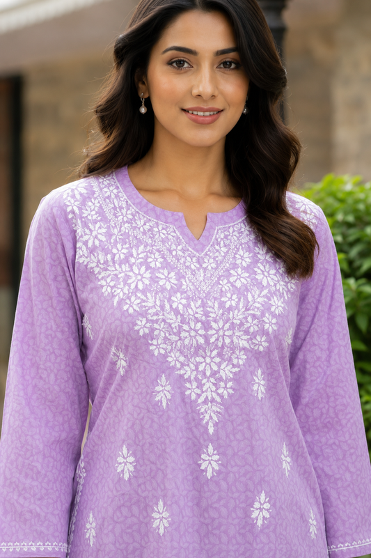 Brasso Chikankari Short Kurta - Lilac Adab e Libas