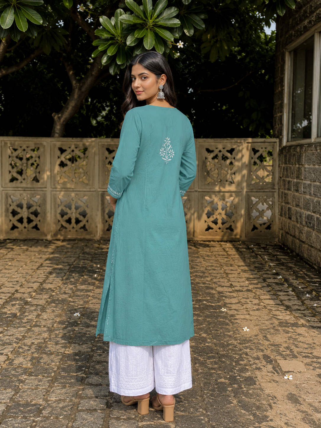 Aqua Chikankari Cotton Long Kurta Adab e Libas
