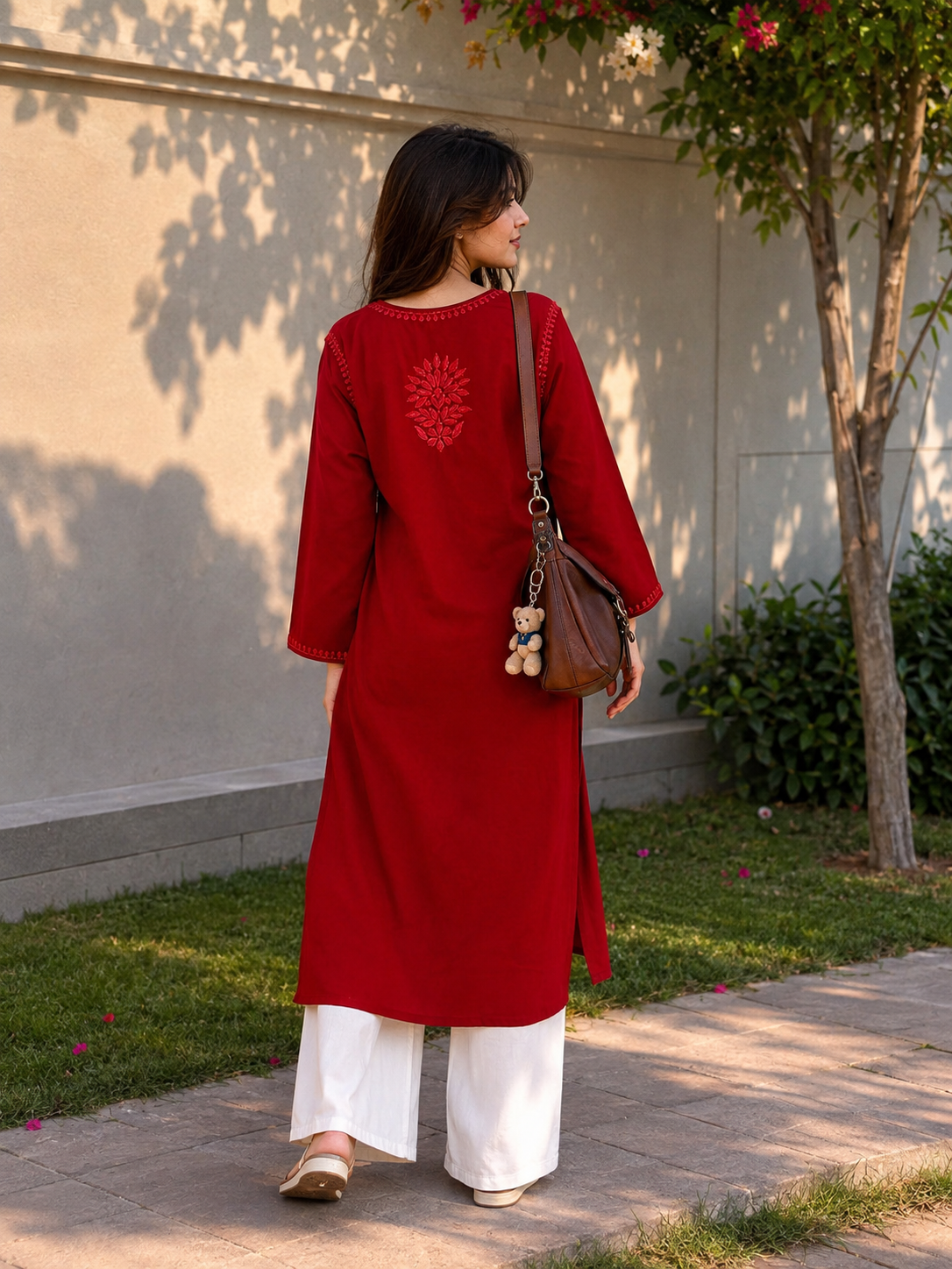 COTTON CHIKANKARI KURTA - RED Adab e Libas