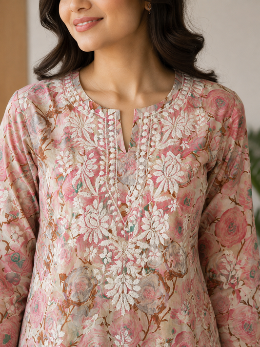 BLUSH PRINTED CHIKANKARI REYON KURTA SET Adab e Libas