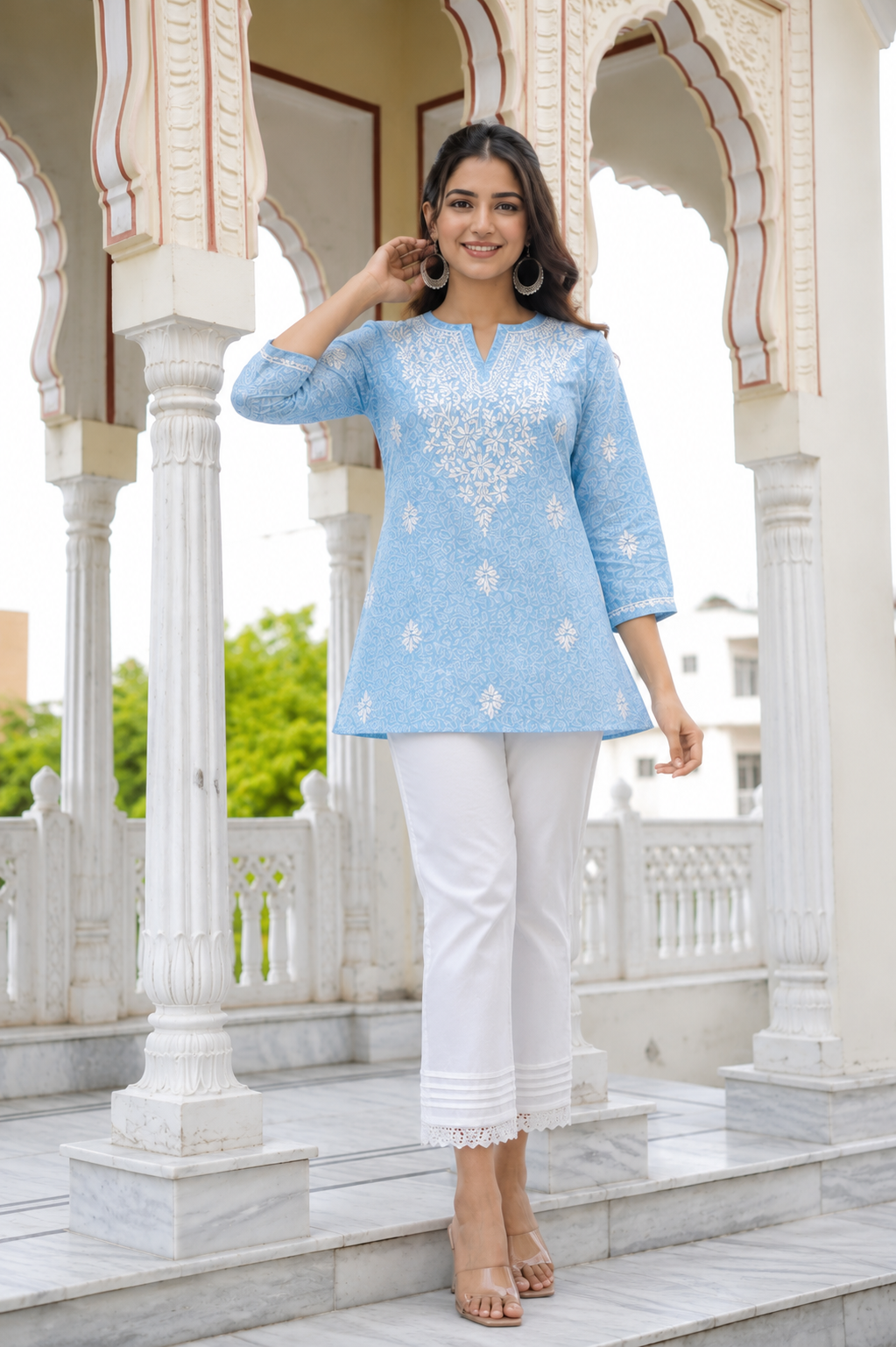 Brasso Chikankari Short Kurta - Sky Blue Adab e Libas