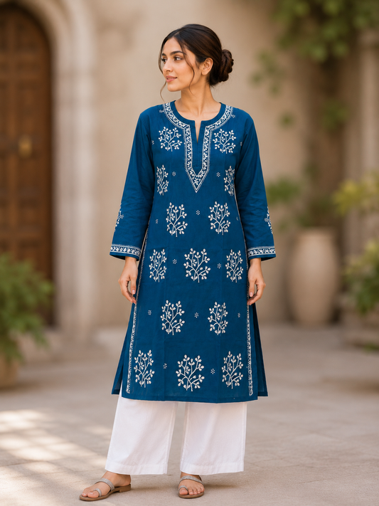Cotton Heavy Boota Chikankari Long Kurta – Blue Adab e Libas