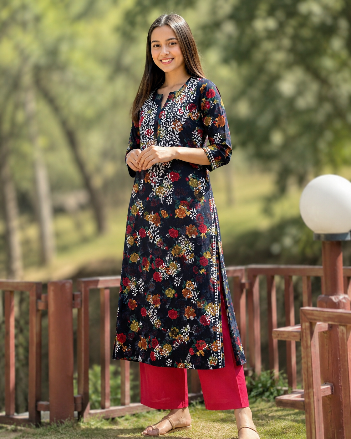 Black Floral Mal Printed Cotton Long Kurta Adab e Libas