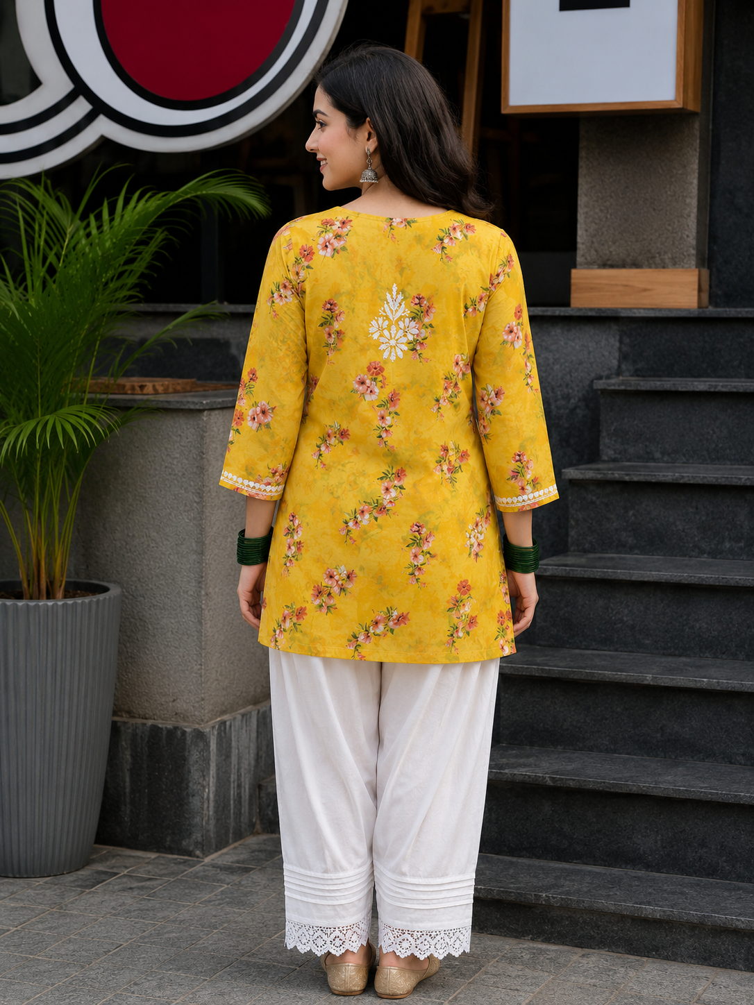 Yellow Floral Mal Printed Cotton Short Kurta Adab e Libas