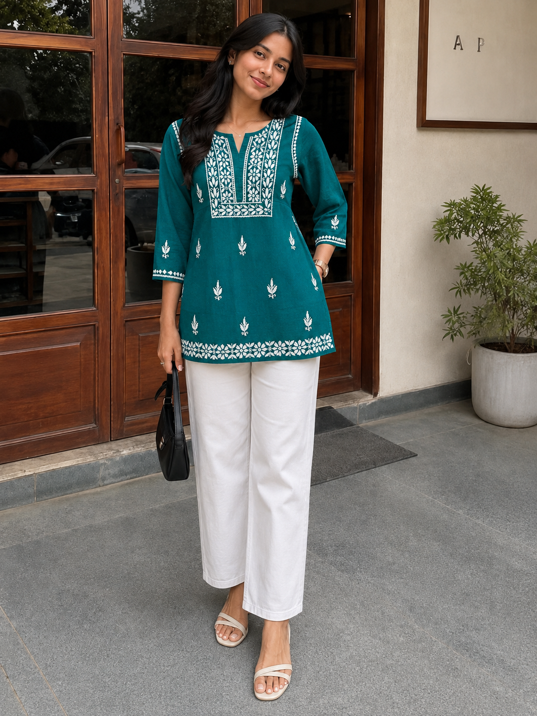 COTTON CHIKANKARI SHORT KURTA - TEAL Adab e Libas