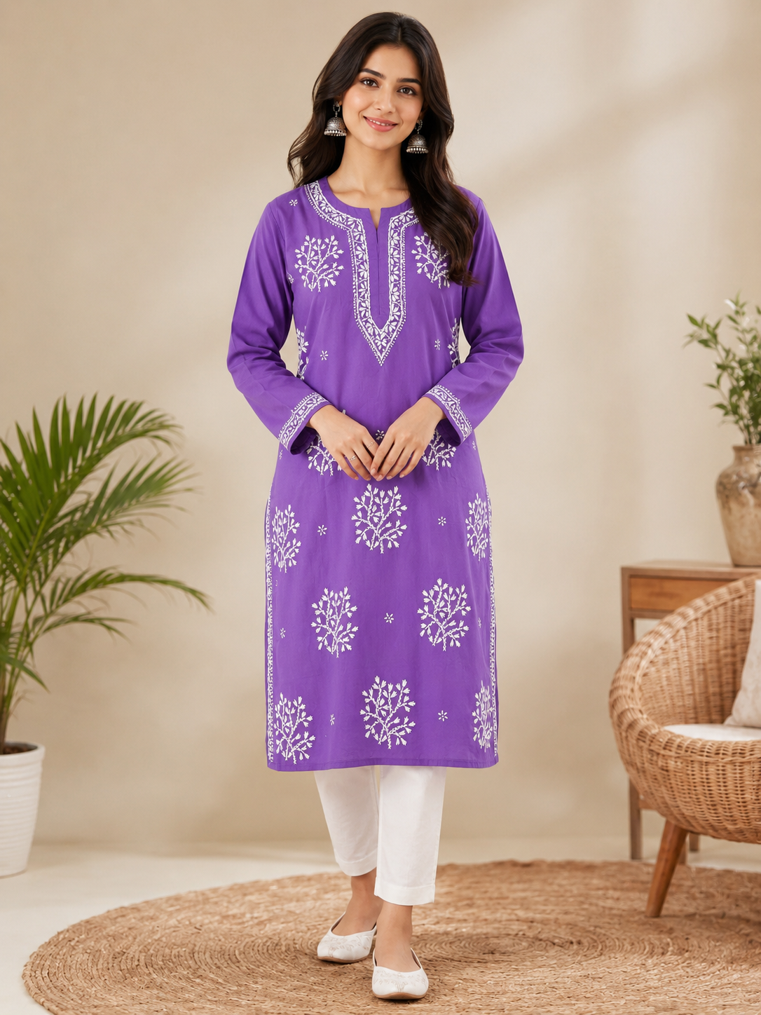 Cotton Heavy Boota Chikankari Long Kurta – Purple Adab e Libas