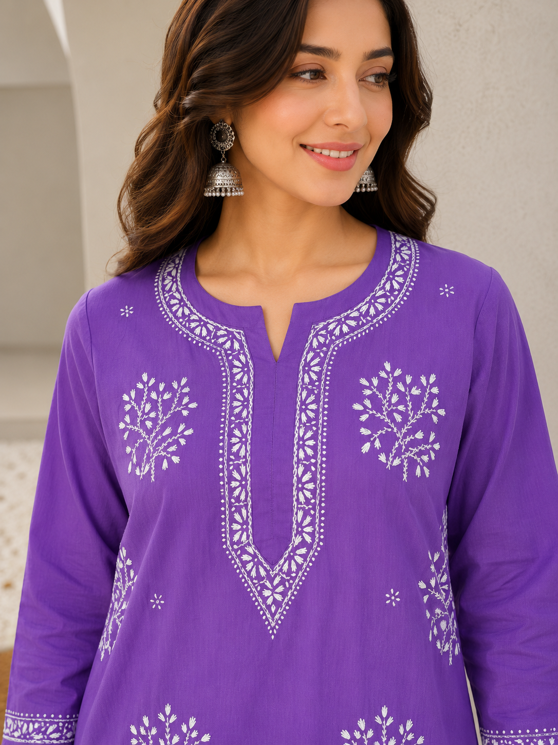 Cotton Heavy Boota Chikankari Long Kurta – Purple Adab e Libas