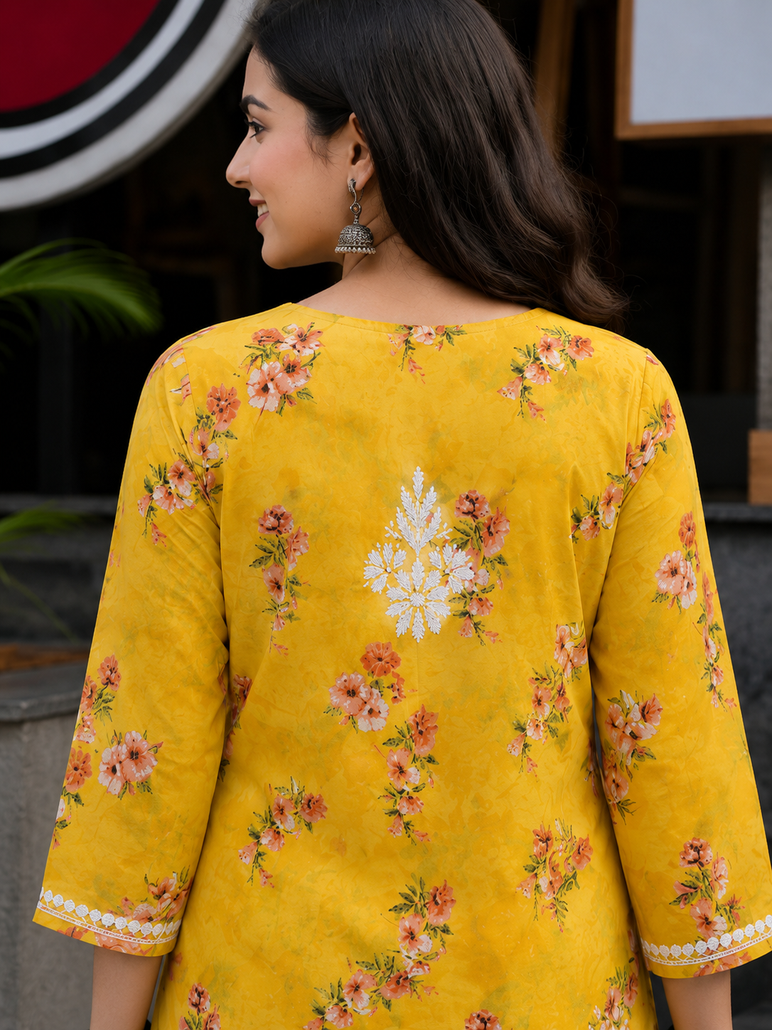 Yellow Floral Mal Printed Cotton Short Kurta Adab e Libas