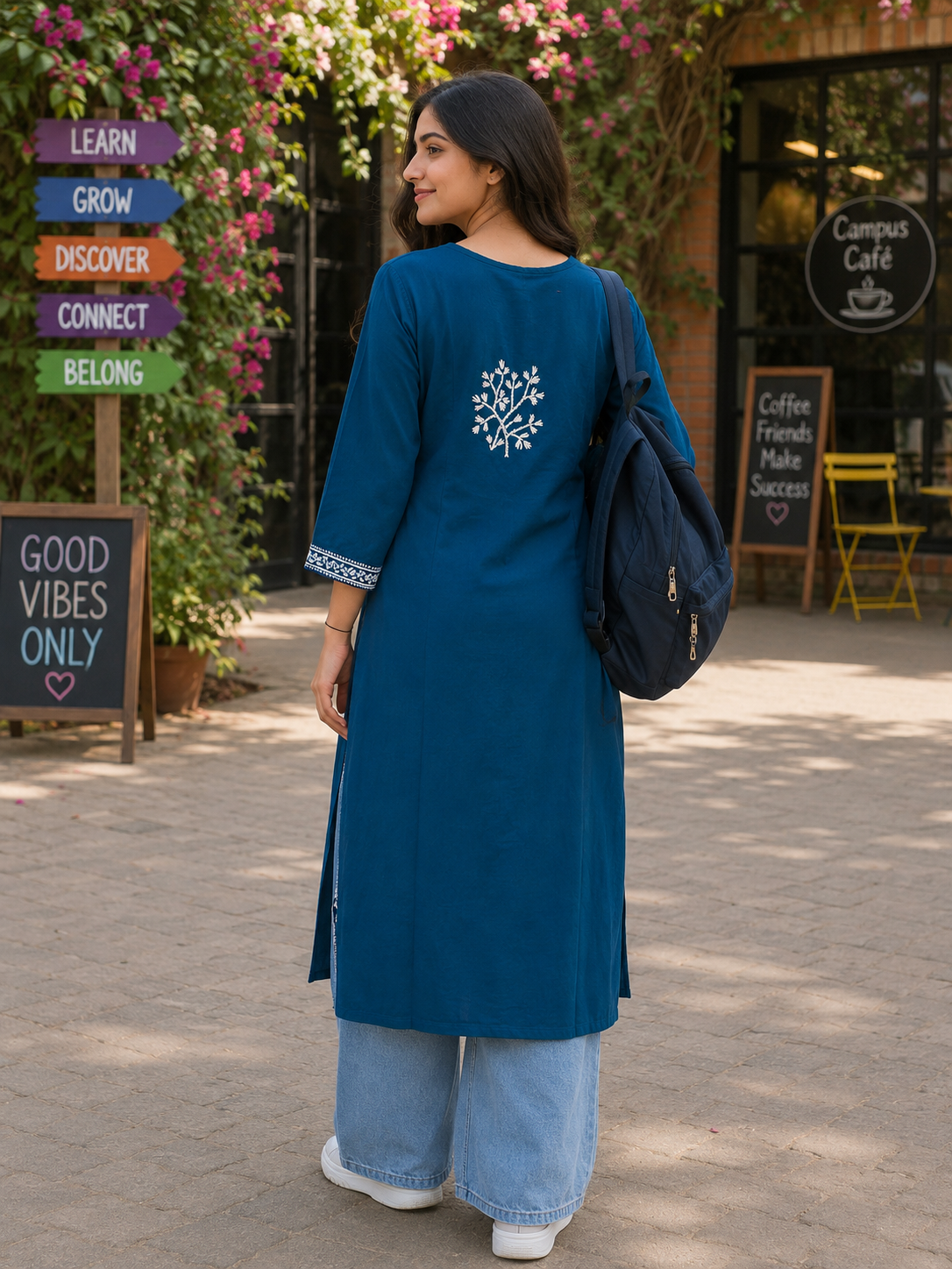 Cotton Heavy Boota Chikankari Long Kurta – Teal Blue Adab e Libas