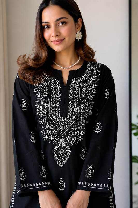 Black Chikankari Cotton Long Kurta Adab e Libas