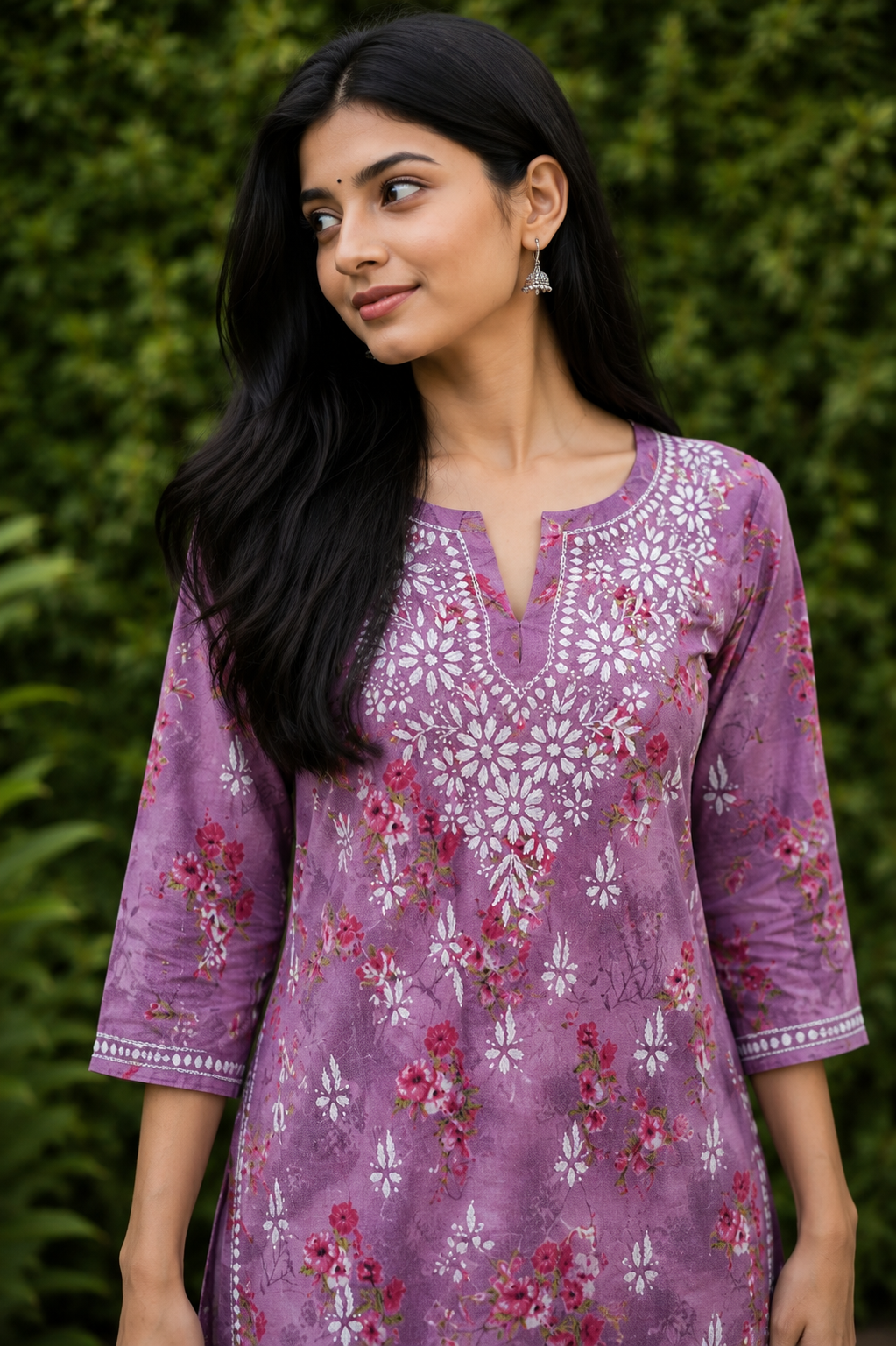 Lilac Floral Mal Printed Cotton Short Kurta Adab e Libas
