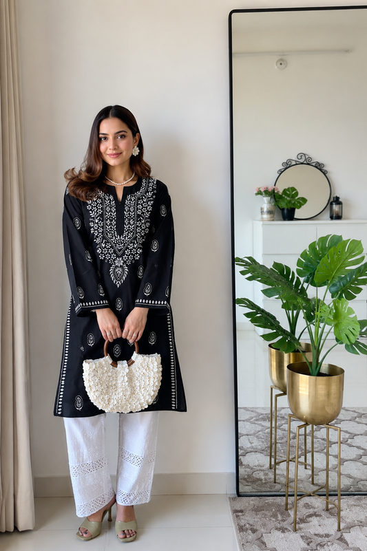 Black Chikankari Cotton Long Kurta Adab e Libas