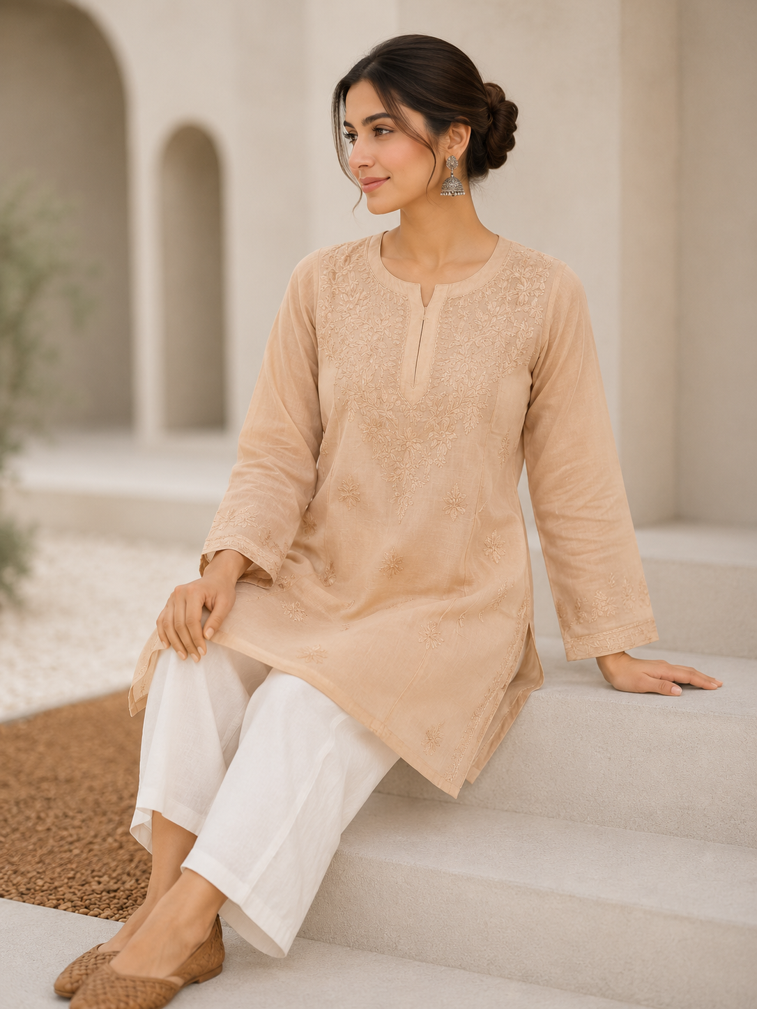 Peach Chikankari Muslin Short Kurta Adab e Libas