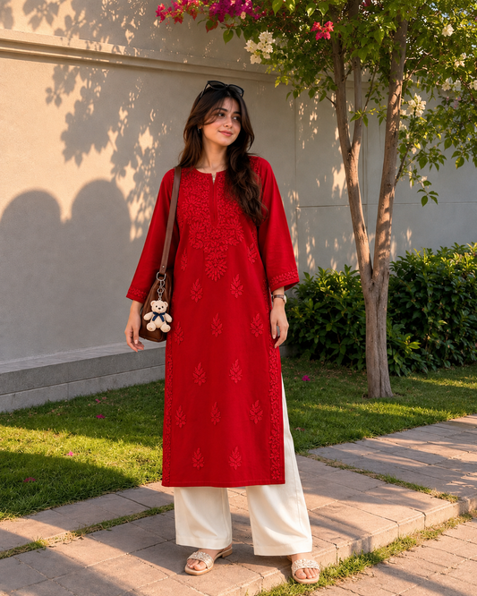 COTTON CHIKANKARI KURTA - RED Adab e Libas