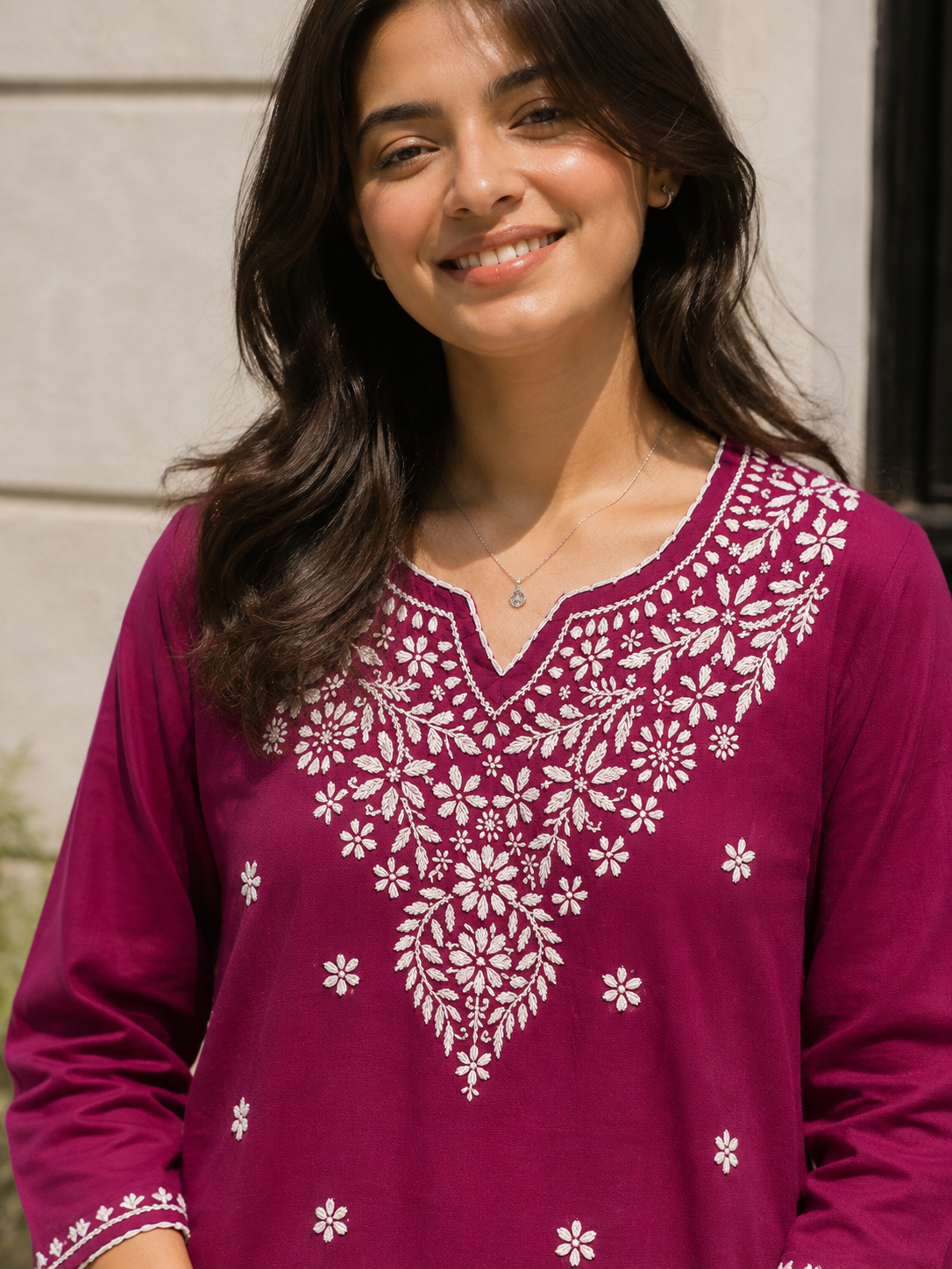 COTTON CHIKANKARI SHORT KURTA - WINE Adab e Libas
